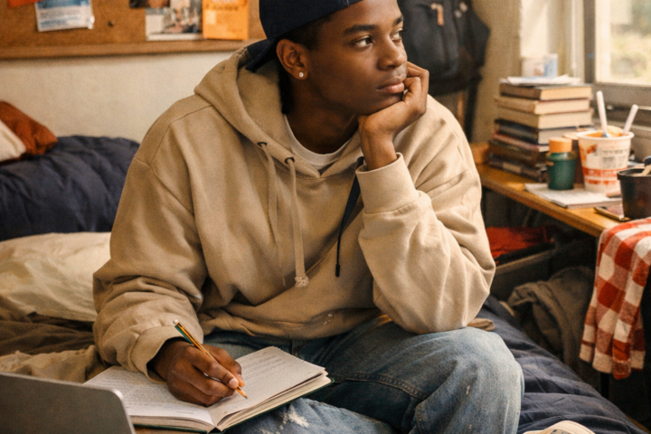 A college freshman studying alone in a dorm room during the transition into first-year college life.