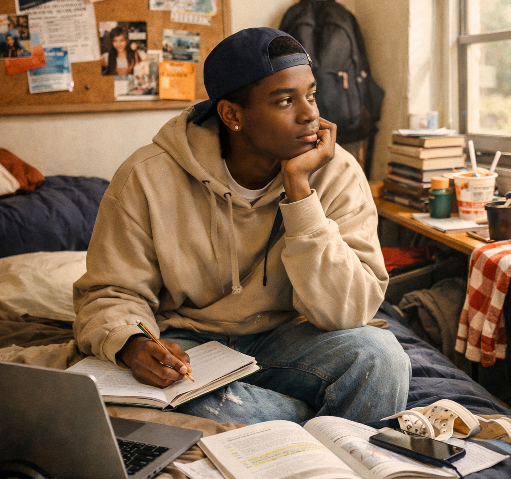 A college freshman studying alone in a dorm room during the transition into first-year college life.