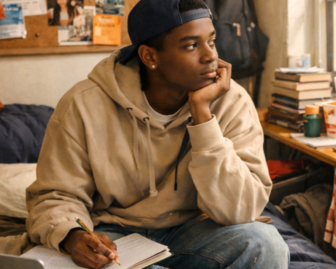 A college freshman studying alone in a dorm room during the transition into first-year college life.