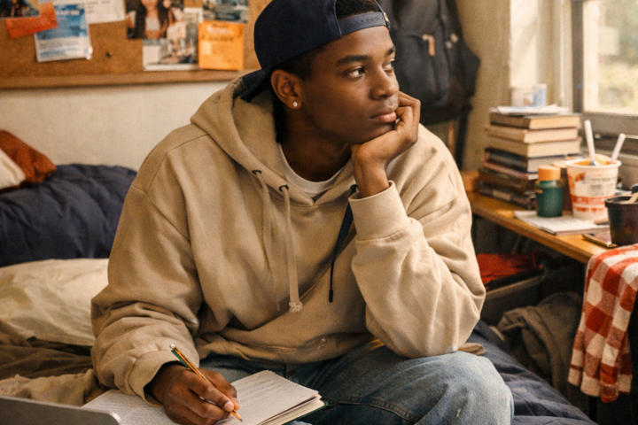 A college freshman studying alone in a dorm room during the transition into first-year college life.