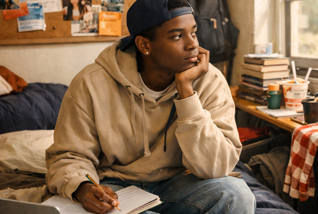 A college freshman studying alone in a dorm room during the transition into first-year college life.